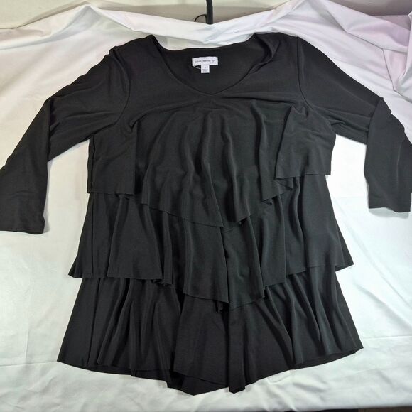 Susan Graver Top Women's Black Liquid Knit Tiered 3/4 Sleeve Scoop Neck Blouse S - Picture 5 of 11